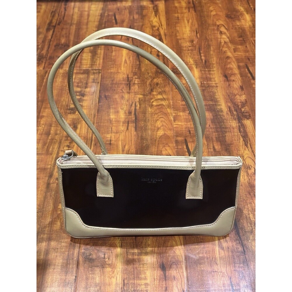 Kate Spade Small Black Patent & Tan Leather Zip-Closure Purse Shoulder Bag